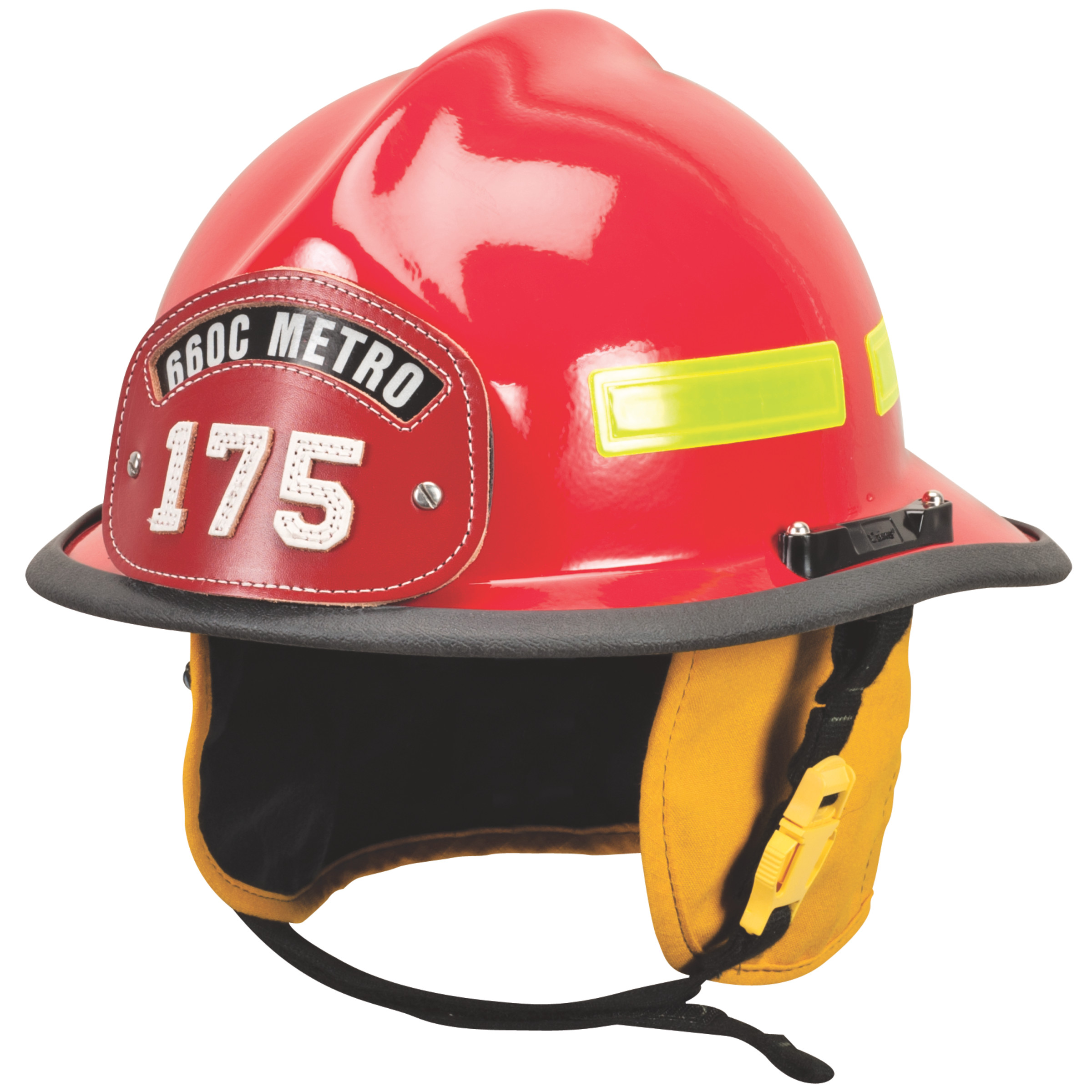 Cairns 660C Metro w/ Defender, Red, Standard Flannel Liner, Nomex Earlap, Nomex Chinstrap w/ Quick Release &amp, Postman Slide, Lime/Yellow Reflexite, Bar